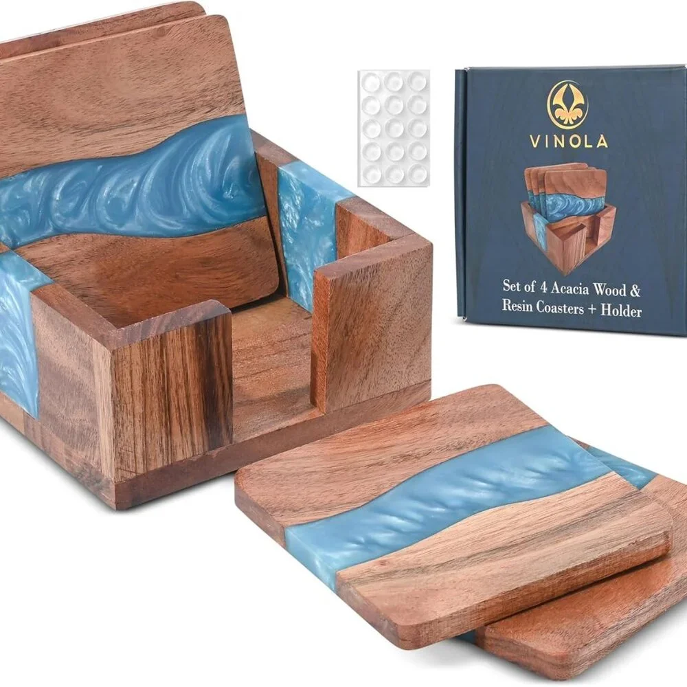 Wood Coasters with Resin - Set of 4 Cup Coasters with Holder - 4 x 4 Inches - Un